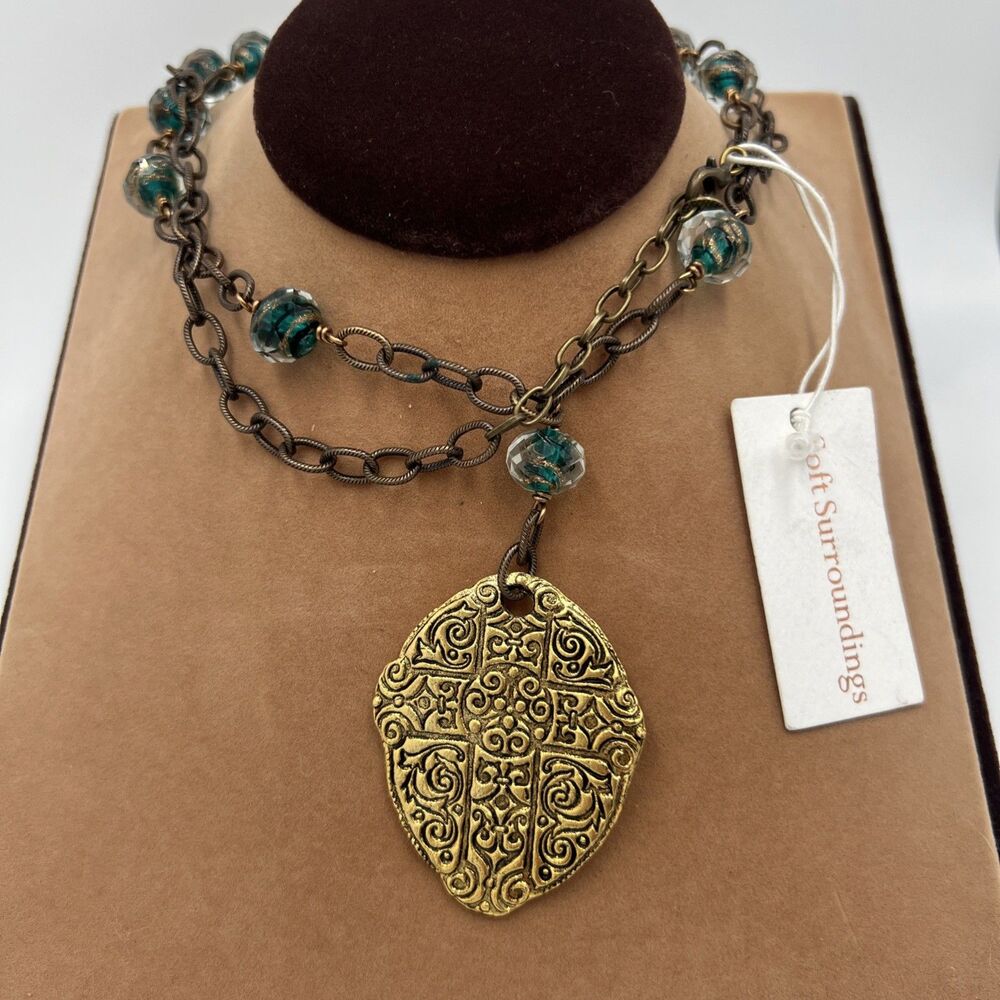 Soft Surroundings Beaded Necklace Brass And Gold Tones Cross Geometric 32"